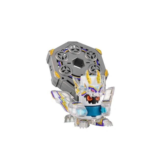  Grey and clear dragon-themed transforming toy with yellow and purple accents.