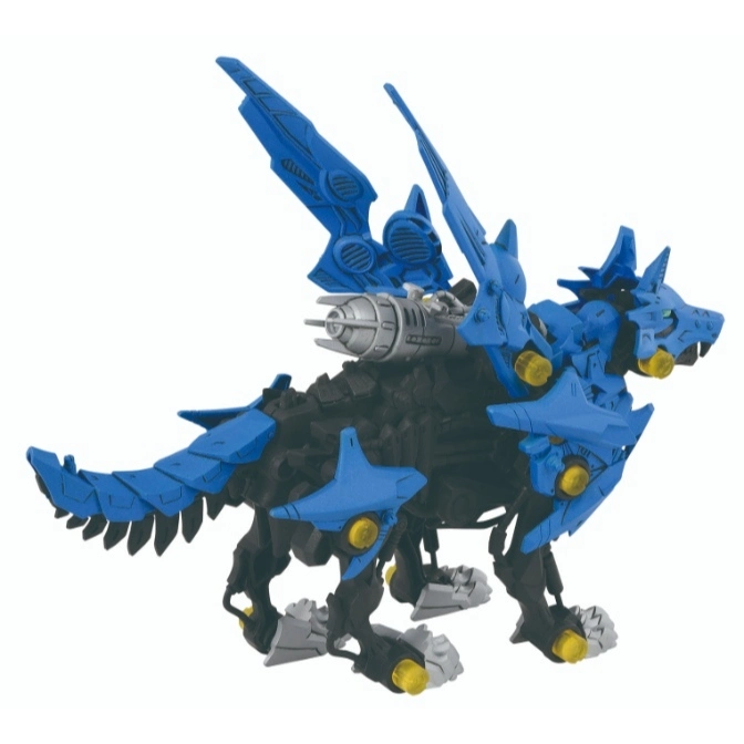  Blue and black wolf Zoid toy with wings and missile launcher.