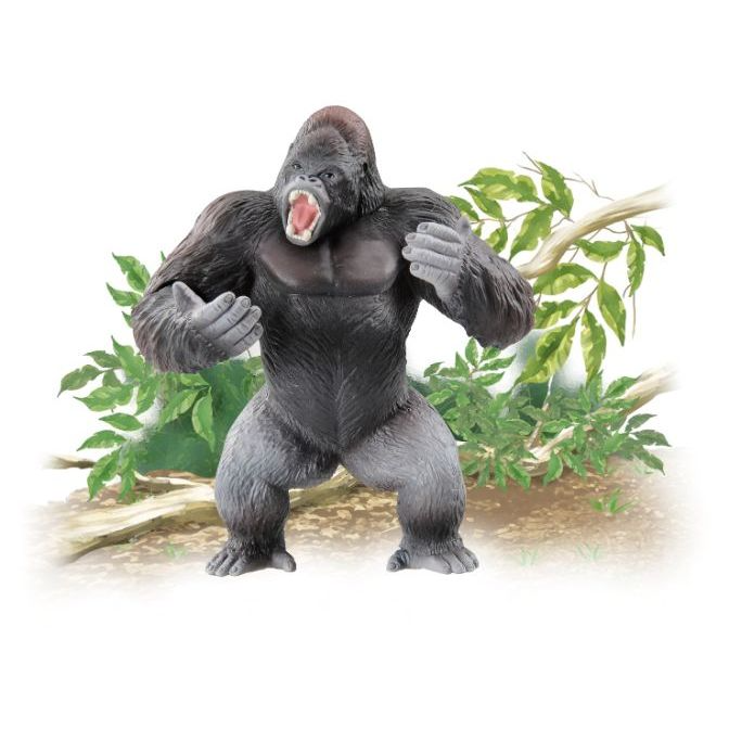  Toy gorilla standing with mouth open and fists clenched.