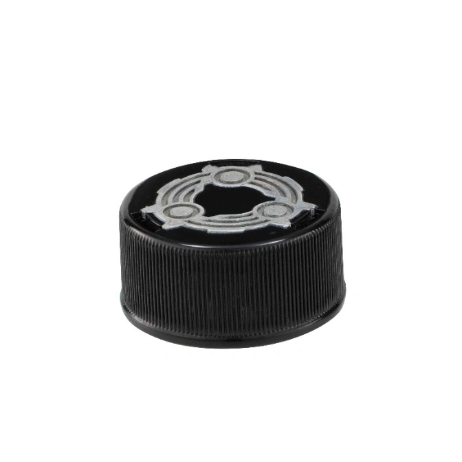  Black bottle cap with silver gear design on top and ribbed sides.
