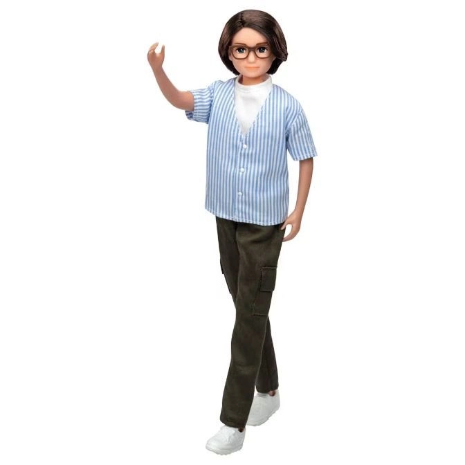 Doll with glasses, striped shirt, and cargo pants waving.