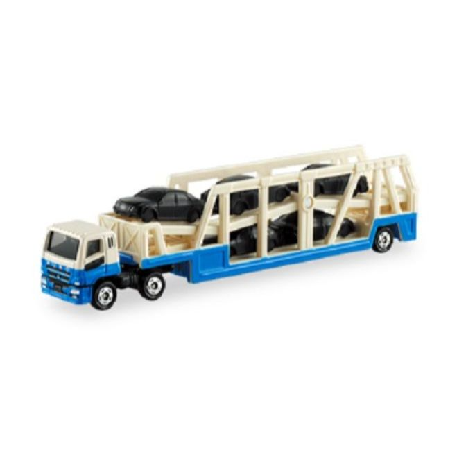 Toy car carrier truck with black toy cars on a blue and beige frame.