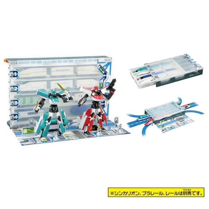  Shinkalion toy set with robots, train storage, and tracks.