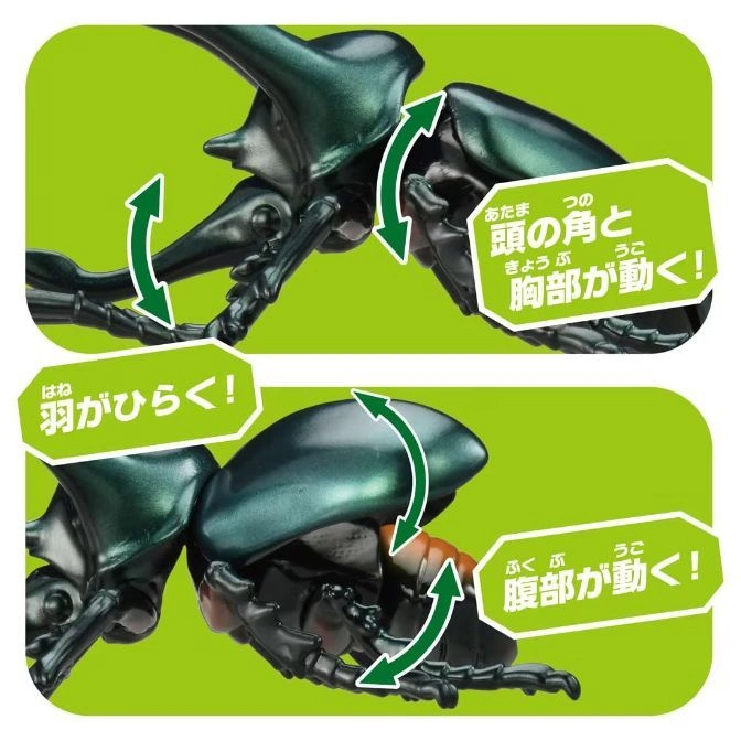  Toy beetle with moving parts: head, chest, abdomen, and wings. Arrows indicate movement.