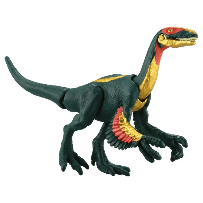  Dark green dinosaur toy with red and gold accents, standing.