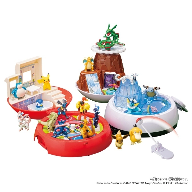 Pokémon playset with multiple environments and figures, including Rayquaza, Pikachu, and Vaporeon.