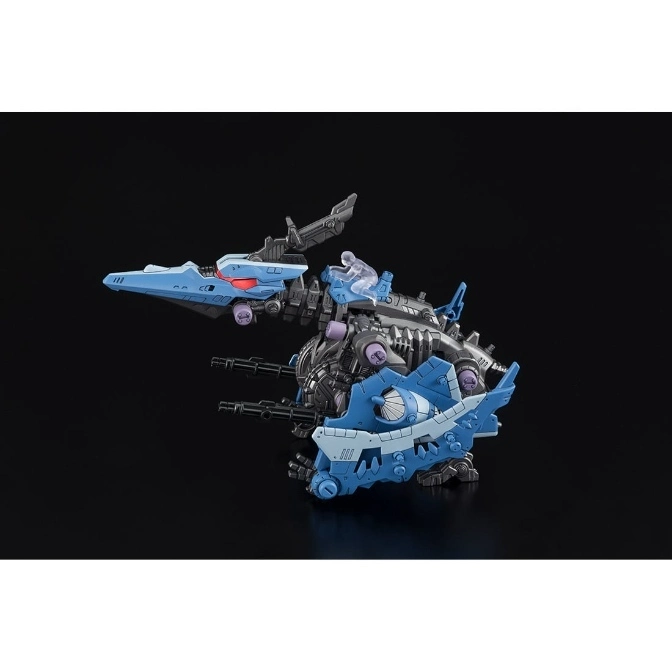  Blue and grey Zoids toy with multiple weapons and a cockpit with a figure inside.