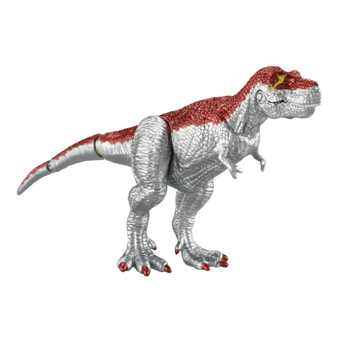  Silver and red toy T-Rex dinosaur with textured skin and articulated limbs.