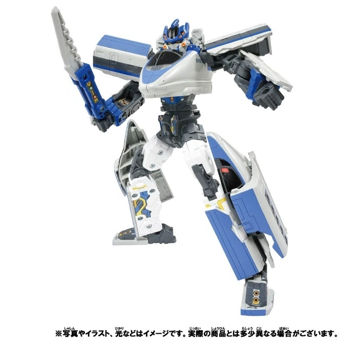  Blue and white transforming train robot toy with sword, standing in a dynamic pose.