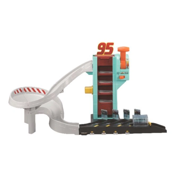  Toy car track with spiral ramp, tower with '95' sign, and launch pad.