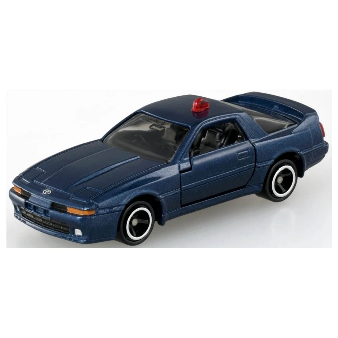 Blue toy Toyota Supra with red light on roof, black wheels with white rims.