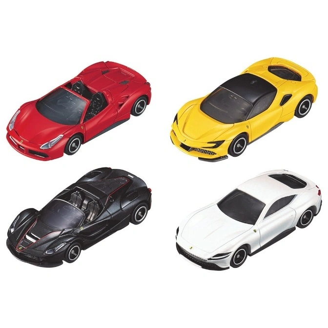 Four toy Ferrari cars: red convertible, yellow coupe, black convertible, and white coupe.