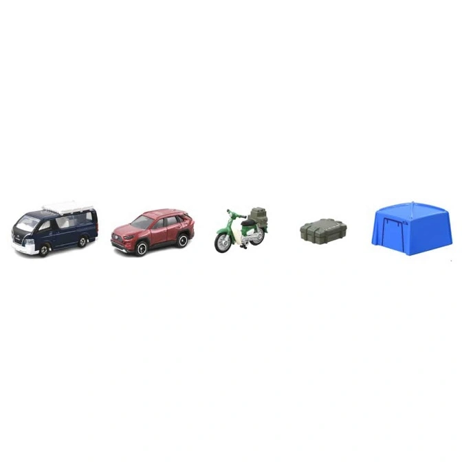 Toy set with a van, SUV, motorcycle, storage box, and blue tent.