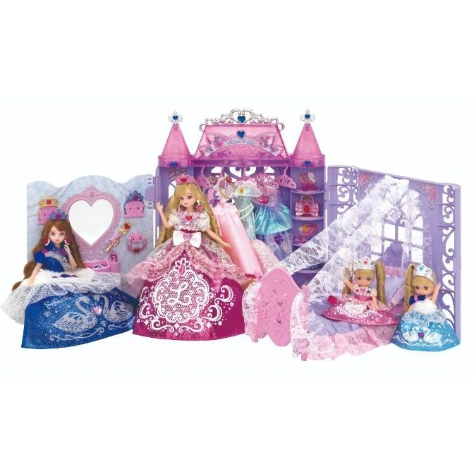  Princess doll playset with dolls, wardrobe, vanity, and bed. Pink and purple color scheme.