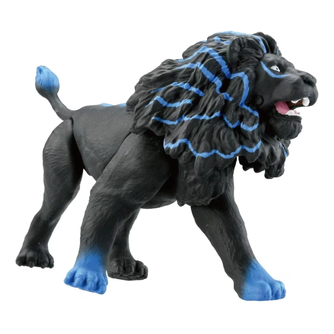  Black lion toy with blue mane and paws, mouth open.