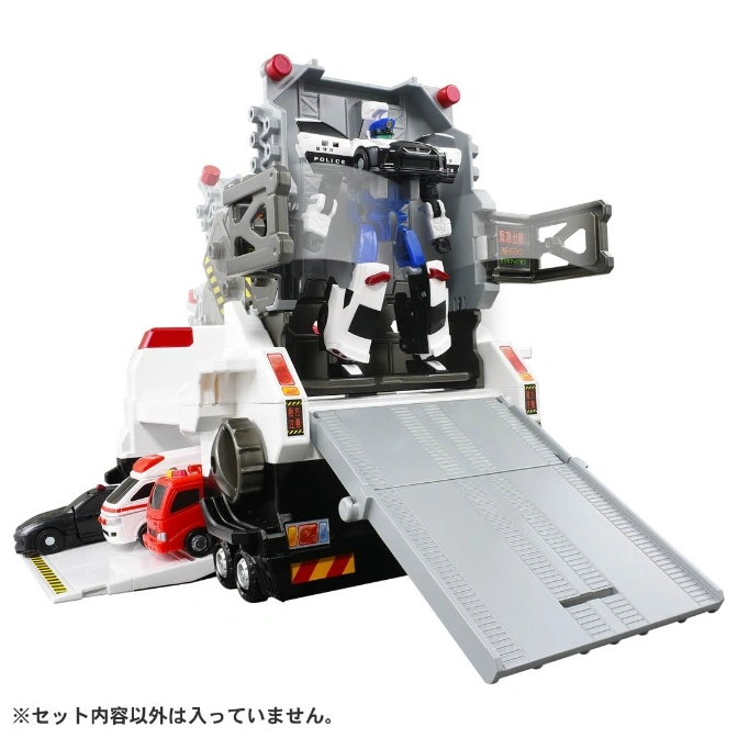  Police carrier toy with ramp extended, robot figure inside, and toy cars on the side.