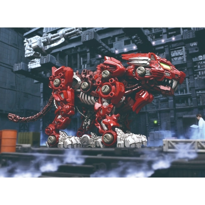  Red robotic tiger toy with silver accents, posed on a platform in a futuristic setting.