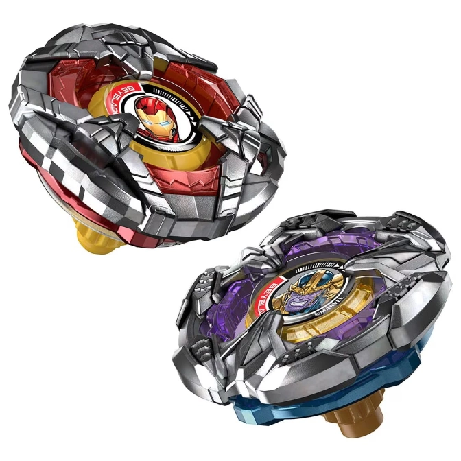  Two Marvel Beyblade spinning tops: Iron Man (red) and Thanos (purple).