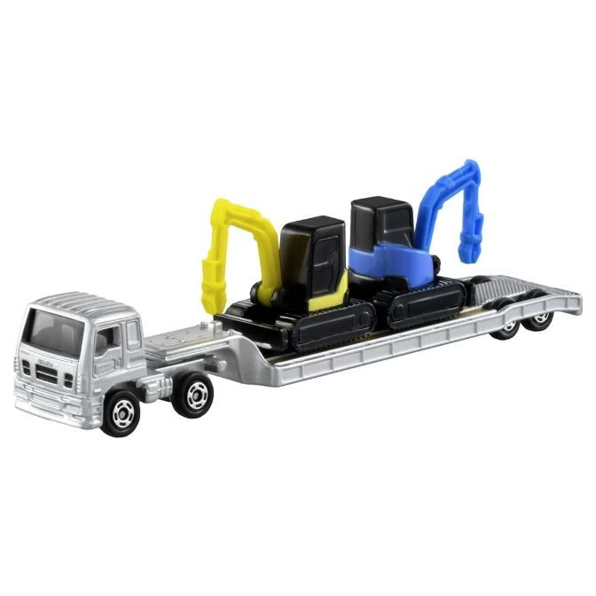 Toy Isuzu truck carrying two toy excavators, one yellow and one blue.