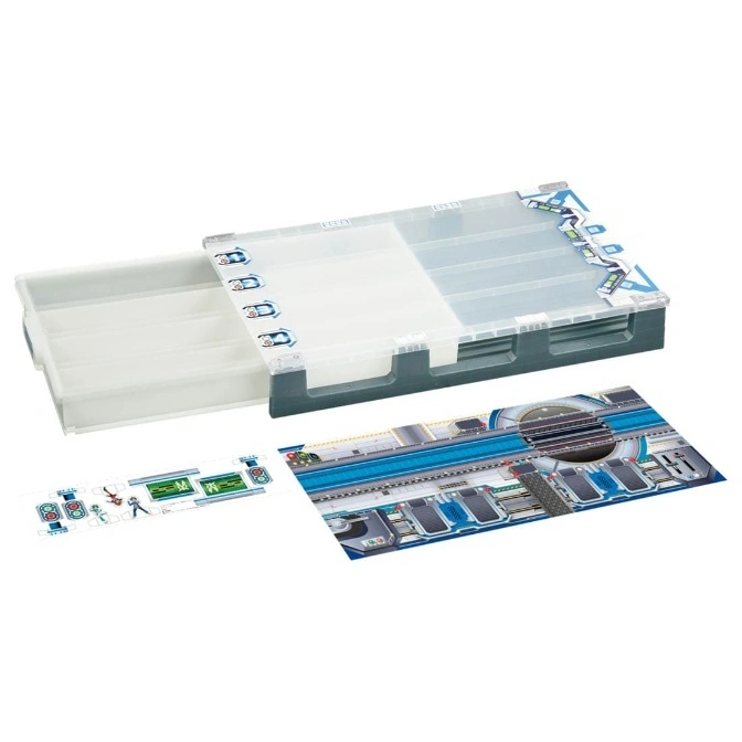 Toy organizer with pull-out drawer and two playmats featuring a futuristic train station.