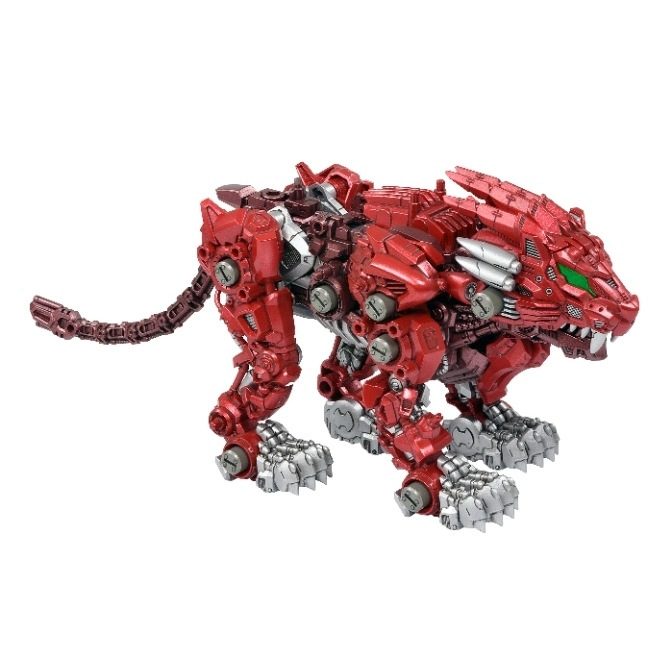 Red robotic tiger toy with silver claws and green eyes.