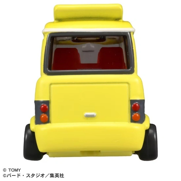  Yellow toy van rear view with red seats visible through the back window.