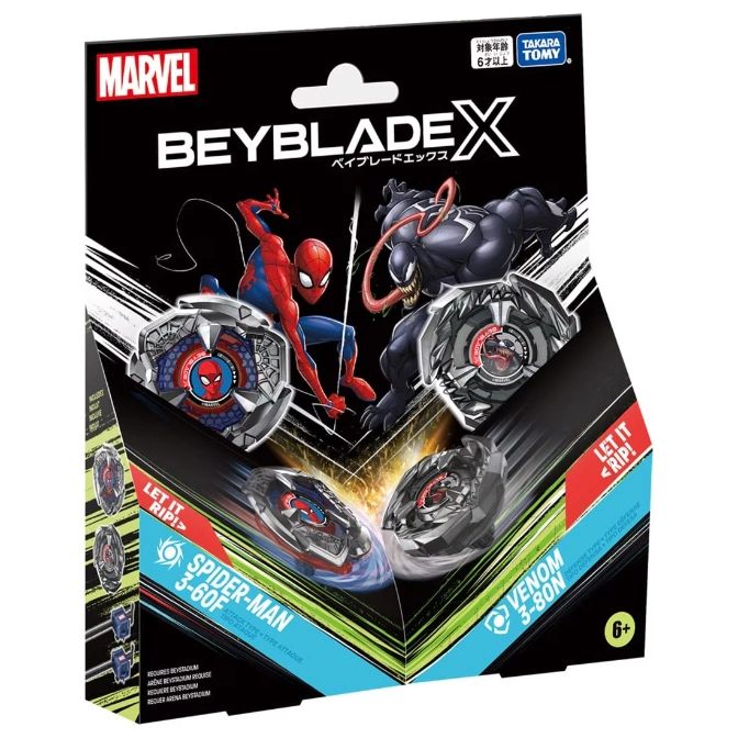  Marvel Beyblade X set: Spider-Man 3-60F attack type vs Venom 3-80N defense type. Ages 6+.