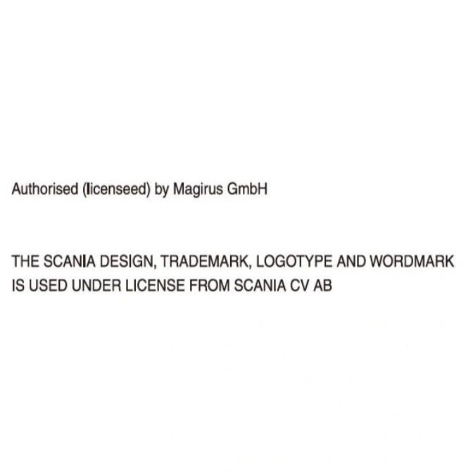  Licensing information for Scania design, trademark, logotype, and wordmark, authorised by Magirus GmbH.