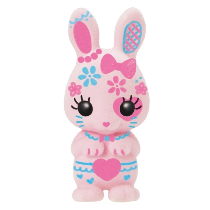  Pink plush bunny toy with floral and heart designs, large black eyes, and a bow.