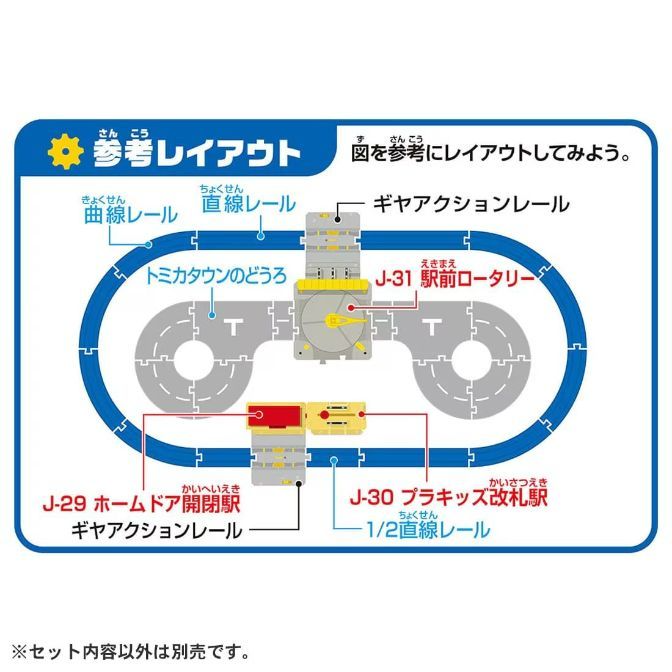  A diagram of a Tomica Town train set layout, featuring curved and straight rails, a gear action rail, a Tomica Town road, a J-31 station rotary, a J-29 home door opening/closing station, and a J-30 Plakids ticket gate station.