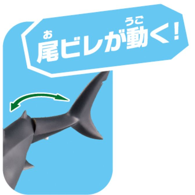  Toy shark with moving tail fin, indicated by a green arrow.