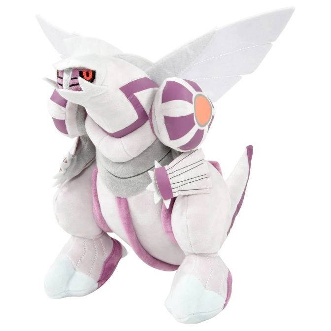 Palkia plush toy, white and purple with wings.