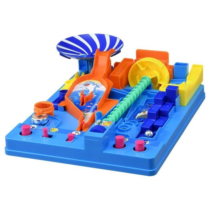 Blue toy marble run with dolphin slide, spiral lift, and levers.