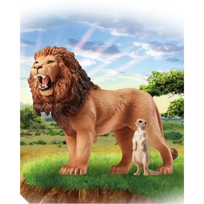  Toy lion roaring next to a meerkat figure on a grassy base against a sky backdrop.