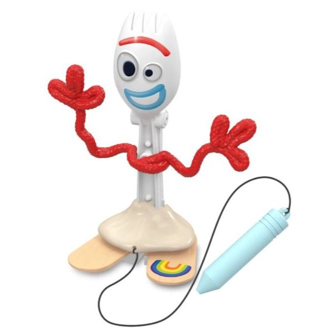 Toy Story's Forky, a spork with googly eyes, pipe cleaner arms, and popsicle stick feet, stands with a blue crayon attached by a string.