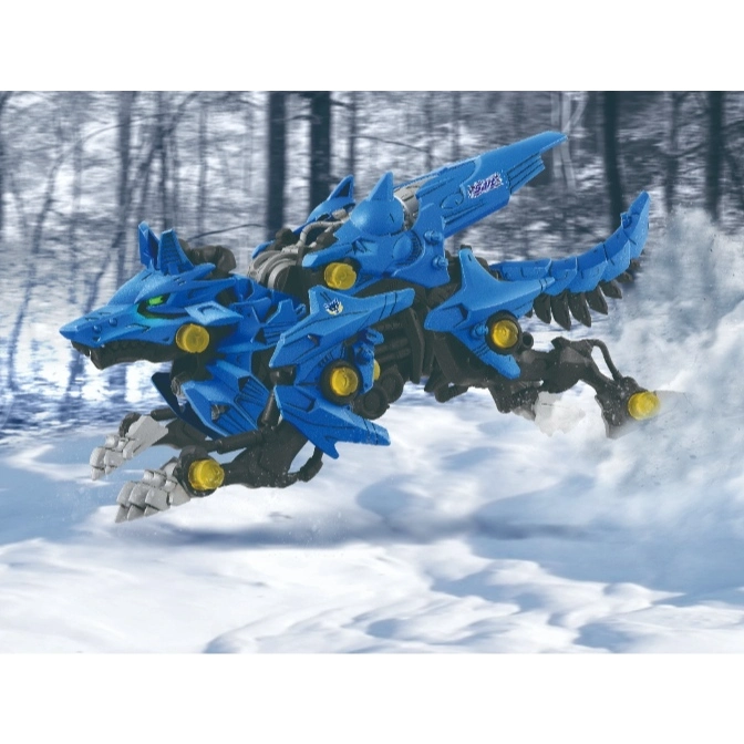  Blue Zoids wolf toy running in snow, featuring yellow accents and mechanical details.