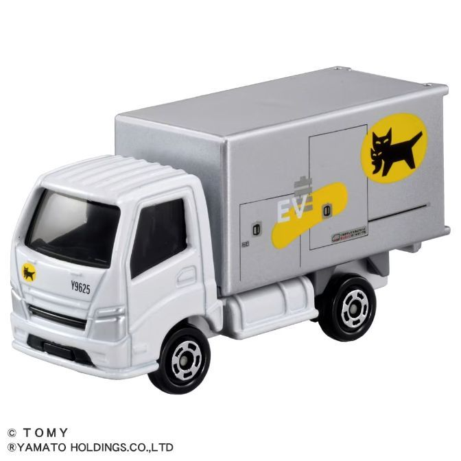 White toy delivery truck with black cat logo and "EV" marking on the silver cargo box.