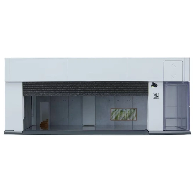  Miniature white garage diorama with a roll-up door, concrete walls, and a framed nature print.
