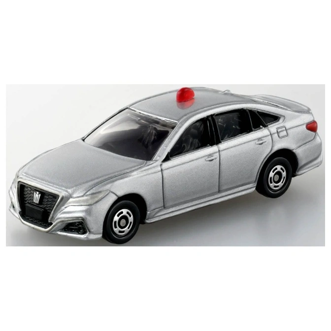  Silver toy car with a red light on top, resembling a police vehicle.