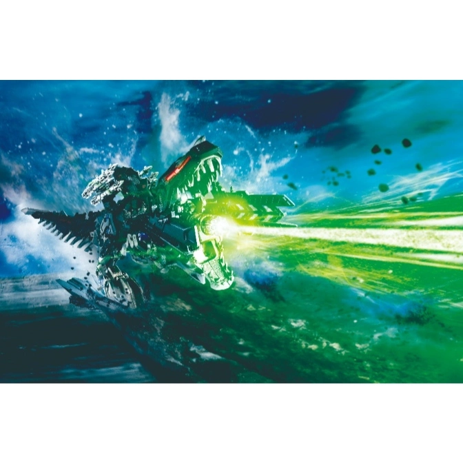  Dinosaur robot toy firing a green laser beam, set against a space background.
