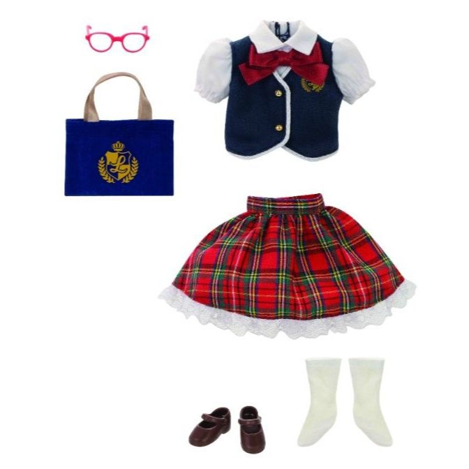 Doll school uniform set: glasses, bag, vest, skirt, socks, and shoes.