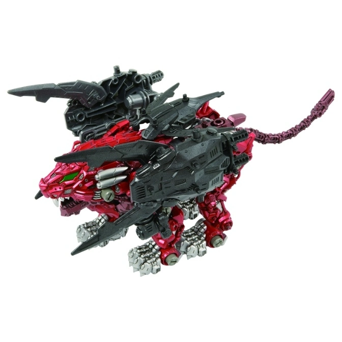  Red and silver Zoids Liger toy with black armor and weapons attached.