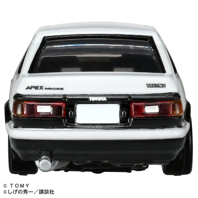  White Toyota Trueno AE86 toy car, rear view. Features include APEX Twin Cam 16 badging and a visible exhaust.