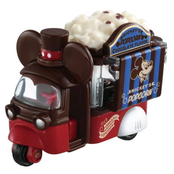 Mickey Mouse popcorn truck toy with chocolate flavor sign and popcorn.
