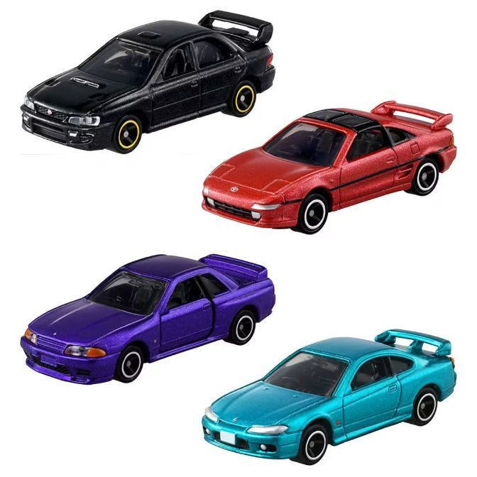 Four toy cars: black Subaru, red Toyota MR2, purple Nissan Skyline, and teal Nissan Silvia.