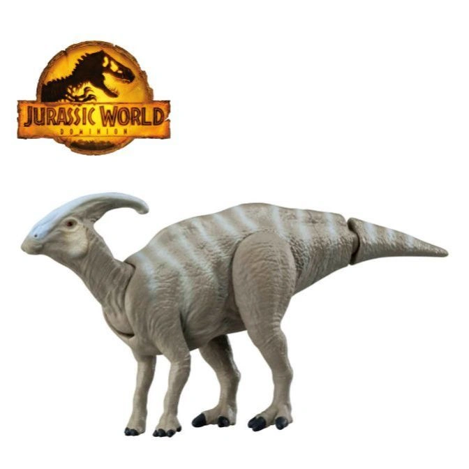 Parasaurolophus dinosaur toy with Jurassic World logo. Light gray with darker stripes.