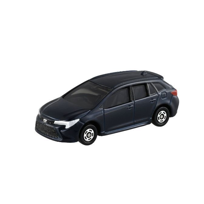 Dark blue toy station wagon car with detailed wheels and front grill.