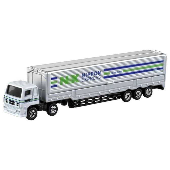 Silver toy truck with 'Nippon Express' logo and green/blue stripes on the trailer.