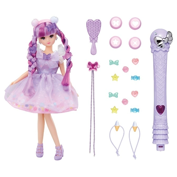  Purple doll with accessories: brush, hair clips, and styling wand.