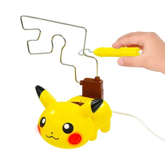 Pikachu buzzer game with hand holding wand to navigate wire maze.